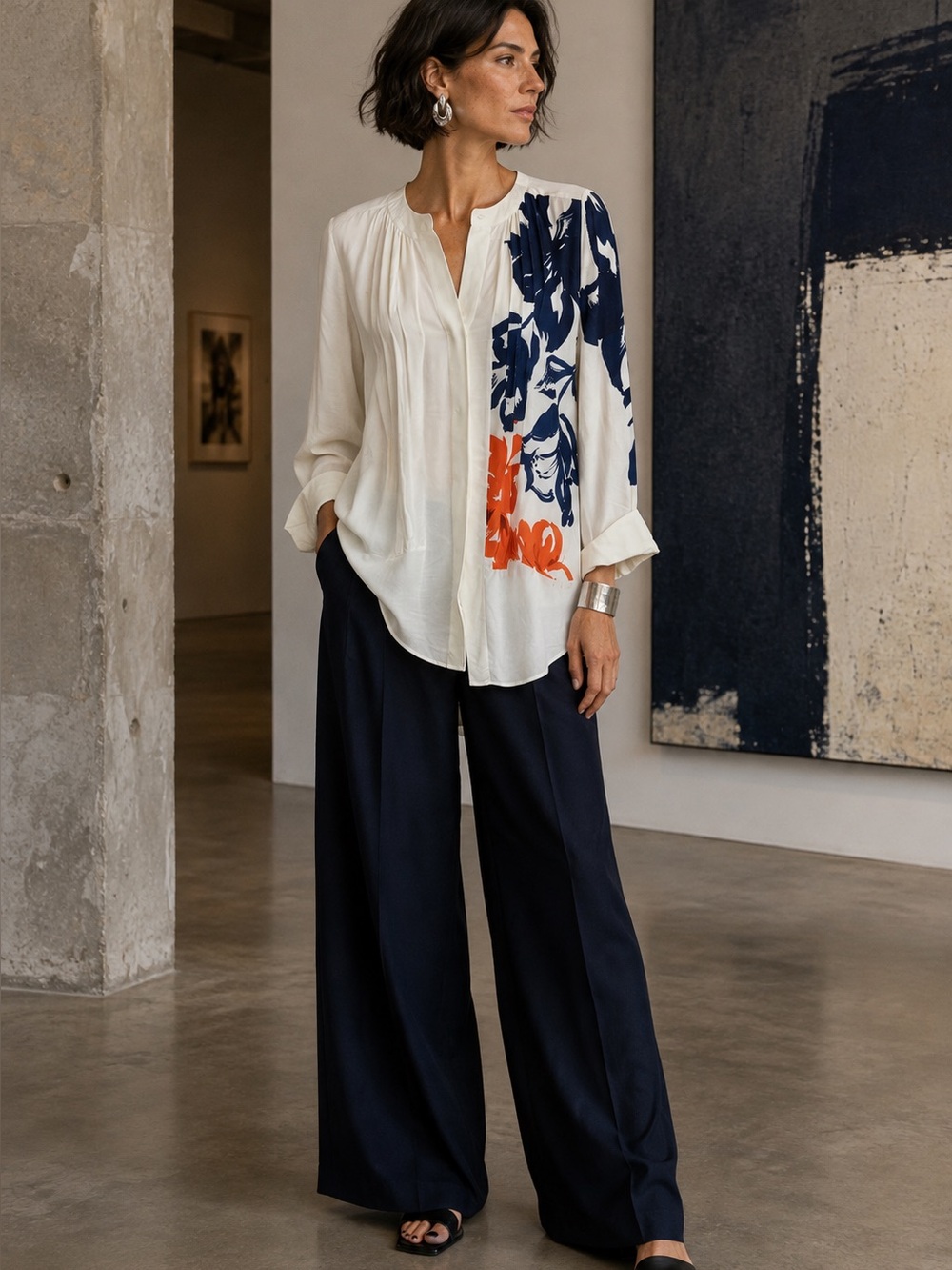 MAEVE Anthropologie White/Blue/Orange Abstract Print Button Front Tunic Blouse 8